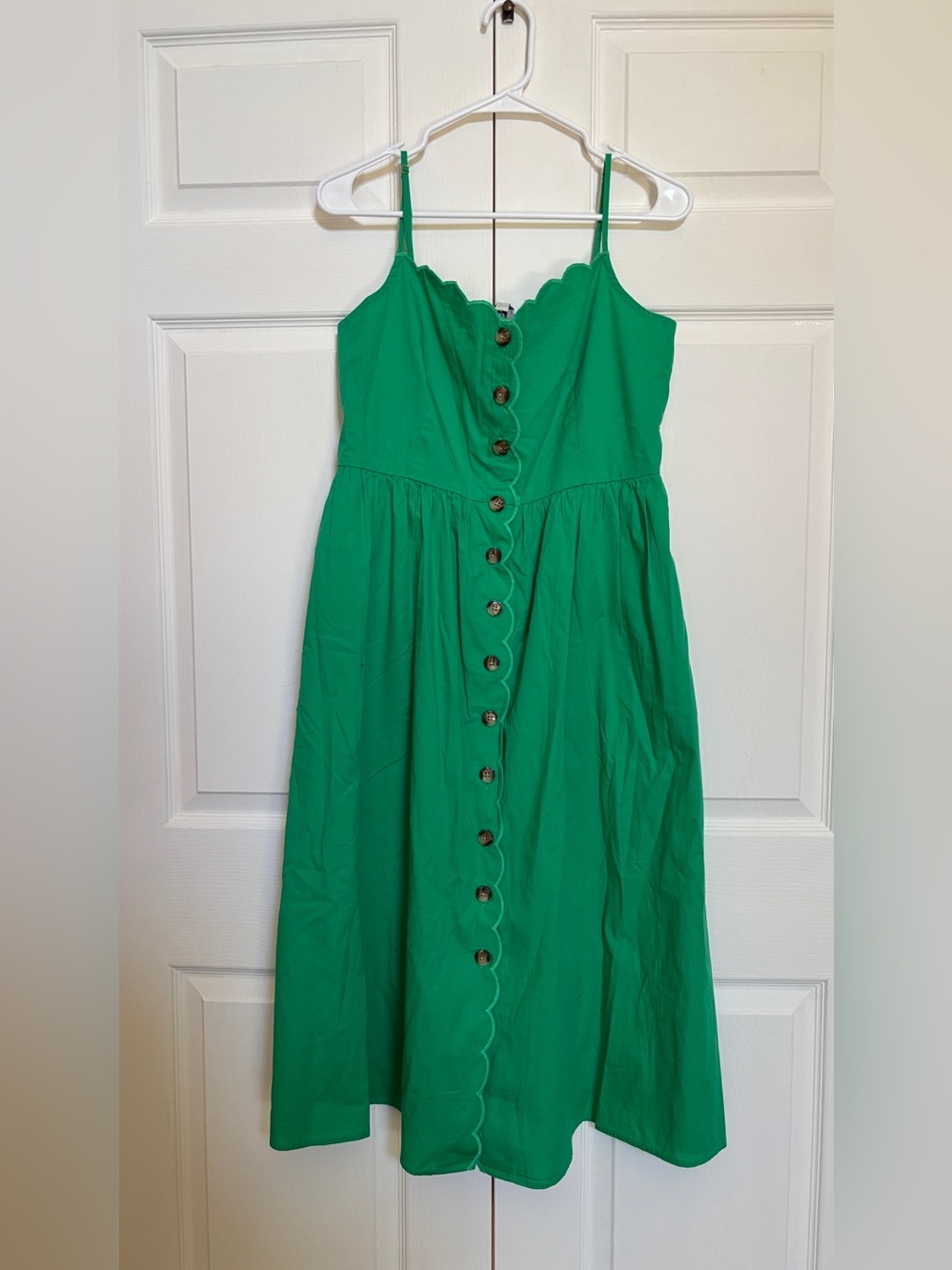 NWT J.Crew Women’s Size 10 Green Button Front Midi Dress Scallop Trim $148